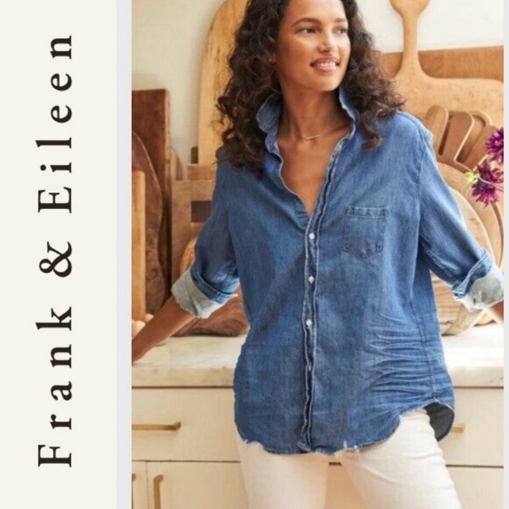 FRANK & EILEEN Eileen Famous Vintage Stonewash Indigo Denim Button Up Shirt L